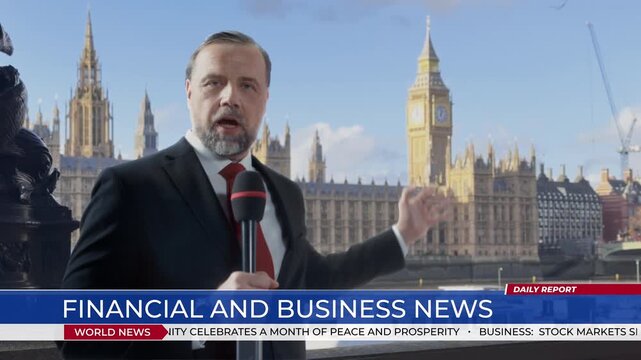 Anchor Delivers a Live Finance Segment on London&rsquo;s Thames Embankment, Talking into Microphone with Big Ben and Parliament in Background. Lower-third Banner Show Stock Market and Politics News