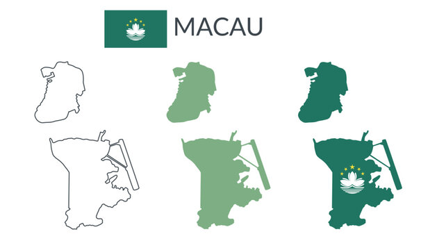 Macau geographical borders isolated on white background. Flag of Macau. Vector flat cliparts.