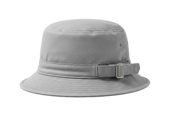 Gray bucket hat with adjustable strap and buckle isolated on transparent background