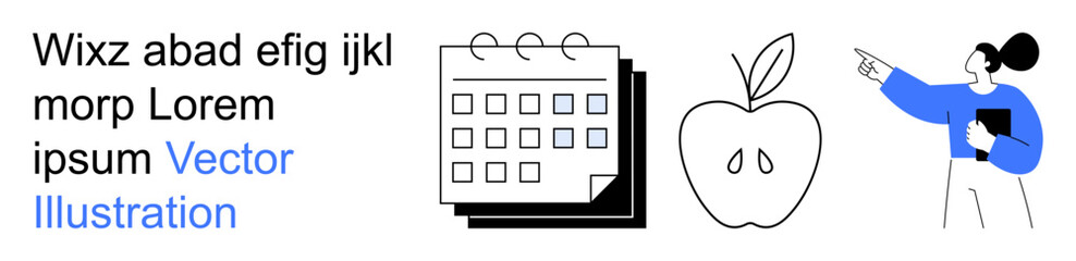 Fototapeta premium Time management, healthy lifestyle, education, organization, wellness, productivity. A calendar, apple and a person pointing with a notepad. Time management and healthy lifestyle concepts