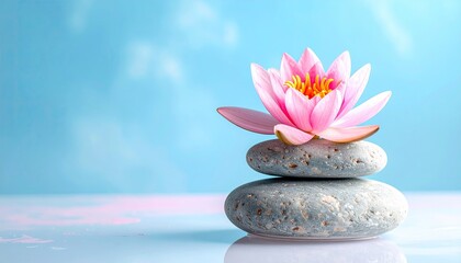 Pink lotus flower balancing on zen stones against a soft blue sky