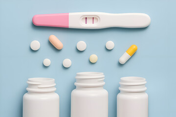Flat lay of a positive pregnancy test and scattered vitamin pills with three white bottles on a blue background