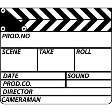 Clapperboard used in film production featuring empty fields for scene, take, roll, date, sound, production company, director, and cameraman information