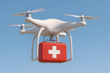 White quadcopter drone flying in a blue sky carrying a red medical first aid kit box