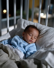A peaceful baby sleeps soundly in a cozy setting, evoking feelings of comfort, innocence, and tranquility. The soft blues and whites enhance the serene mood captured.