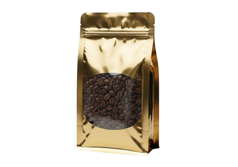 Gold foil coffee bag with coffee beans inside isolated on transparent background