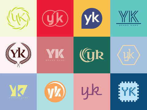 YK logo company template. Letter y and k logotype. Set different classic serif lettering and modern bold text with design elements. Initial font typography.