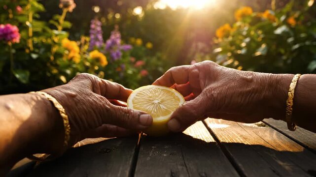 Hands skillfully slice a fresh lemon, releasing its zesty juice. Sunlight filters through blooming flowers, creating a warm, inviting atmosphere that brightens the moment.