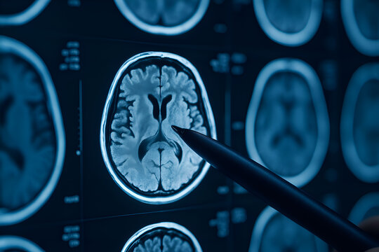 Close-up of a pen pointing at a detailed MRI scan of a human brain on a digital screen