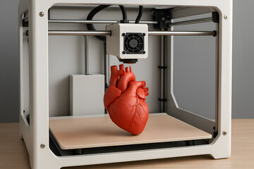 White 3D bio-printer creating a realistic red human heart organ model on a wooden surface, bioprinting concept 