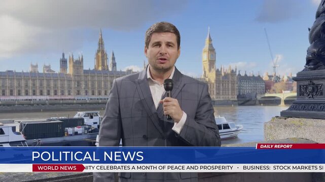 Male Correspondent Delivers a Live UK Political News, Speaking Into Microphone. Lower-third political Ticker Run, Summarizing Parliamentary Developments, World Headlines, Daily Report Updates.