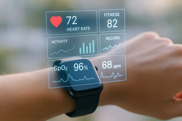 Smartwatch on human wrist displaying a futuristic holographic health interface with heart rate, step count data and diagrams 