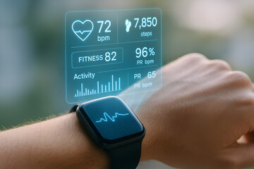 Smartwatch on human wrist displaying a futuristic holographic health interface with heart rate and step count data
