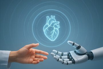 Human doctor hand and robotic hand reaching towards a glowing digital heart hologram on blue background