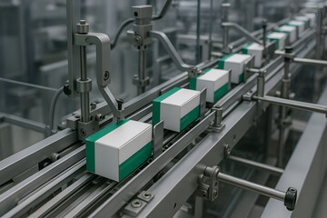 Automated factory production line with rows of white and green packaging boxes moving on a metal conveyor belt system