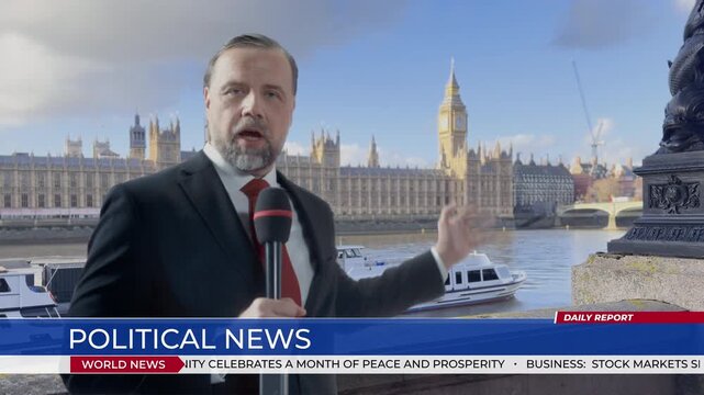Field Reporter Delivers a Live Segment Outside, Speaking Into Microphone as Lower-third political News and a Scrolling Ticker Run, Summarizing Parliamentary Decisions, World Updates, Market Headlines