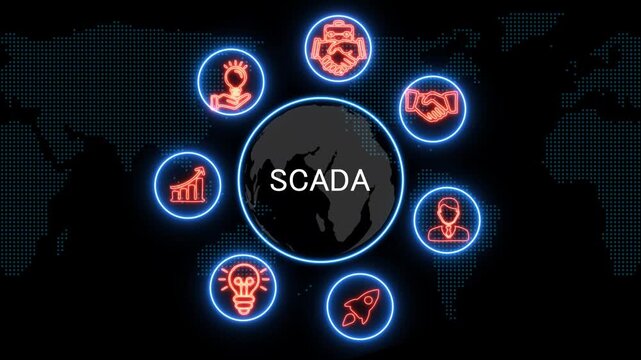 shows glowing neon line banner of scada concept with icons of business, responsibility, customers, integrity, goals, teamwork, commitment and innovation .4k