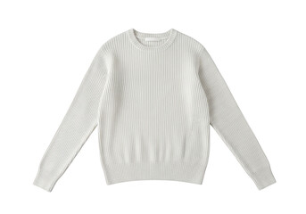 White knitted sweater with crew neck and long sleeves isolated on transparent background