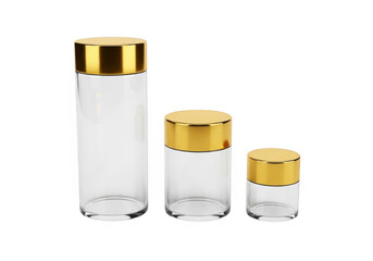 Three clear glass containers with gold lids isolated on transparent background