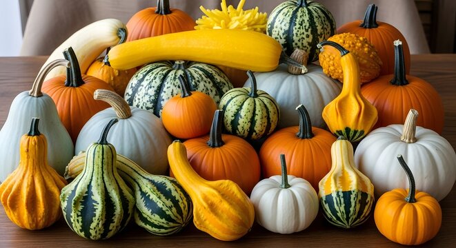 Assorted winter squashes on a table