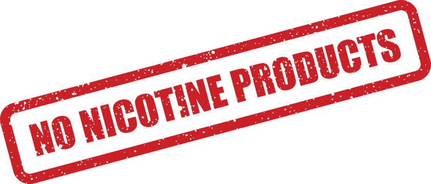 A strong red rubber stamp clearly stating NO NICOTINE PRODUCTS is presented on a clean, bright white background