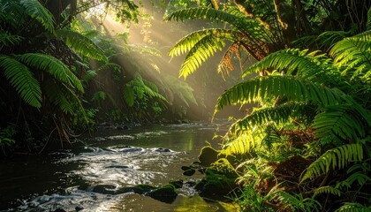Fototapeta premium Sunlight streams through a lush, green forest over water