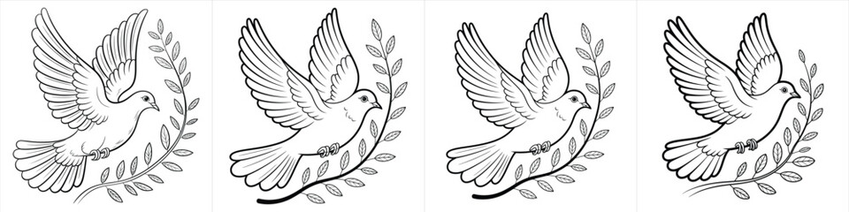 Obraz premium elegant flying peace dove bird line art illustrations with olive branch leaves black and white clipart design vector illustration artwork 