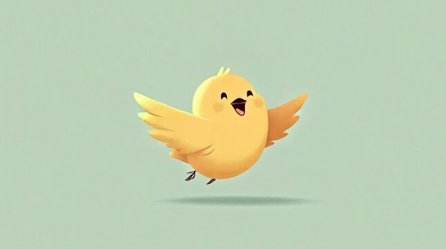 A cheerful cartoon yellow bird with open wings and beak flying against a soft green background in a playful loop.