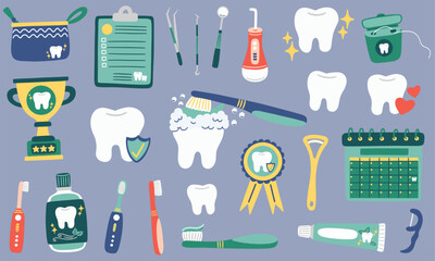 Dental care and oral hygiene elements set. Vector illustrations of healthy tooth conditions and dental health essentials, including toothbrush, toothpaste, floss, mouthwash, dentist tools and more.