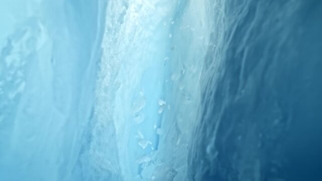 Ultra Slow Motion Camera Passing Through Glacier Ice Crack With Falling Ice.