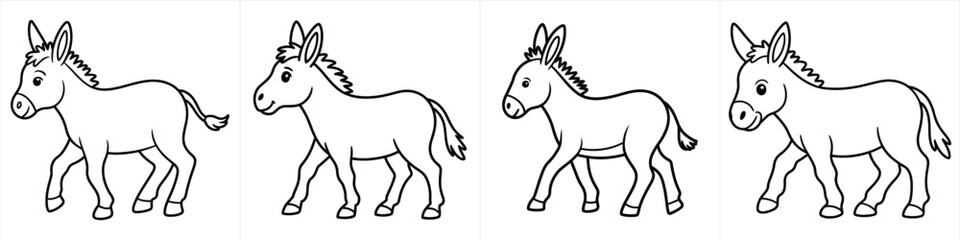 Fototapeta premium four cute cartoon donkey line art illustrations with clean outlines and minimalist style black and white clipart design vector illustration artwork 