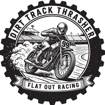 Vintage Motorcyclist Riding Dirt Track Thrashing with Dust and Speed in Racing Stadium