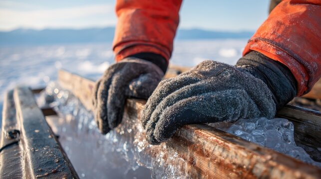 Gloved hands gripping icy metal railing in cold winter environment outdoors