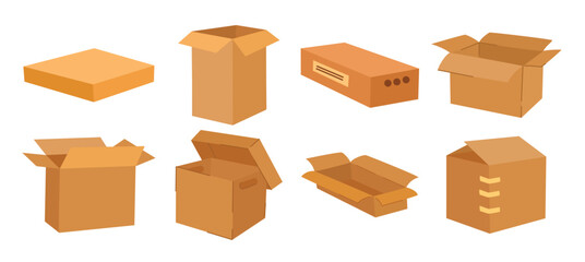 Cardboard boxes set. Delivery and packaging. Transport, delivery. Hand drawn vector illustrations isolated on the white background.