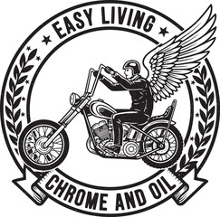 Obraz premium Angel riding a custom motorcycle in a circular emblem with laurel wreath and banner