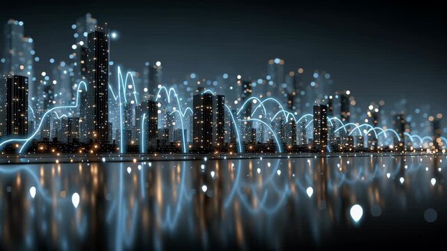 A modern city skyline at night showcases interconnected data networks with glowing lines spanning the skyscrapers. the reflective water enhances the futuristic ambiance, emphasizing technological prog