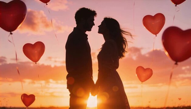 Romantic Silhouette of a Couple Holding Hands and Facing Each Other at Sunset with Red Heart Balloons