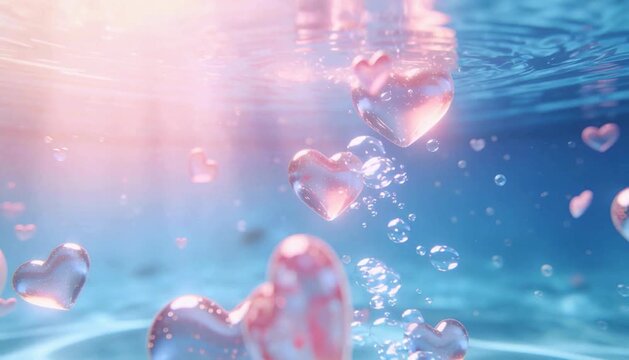 Romantic Underwater Scene with Transparent Heart Shaped Bubbles Floating Towards the Surface