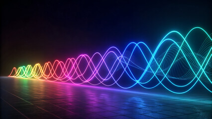 3d render of a vibrant, abstract representation of light waves in various neon colors against a dark background. Synthwave style music equalizer. Visualization of fluctuations