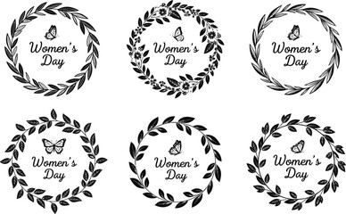 Vector Illustration of Hand drawn Women's Day wreath icons set with leaves and butterflies