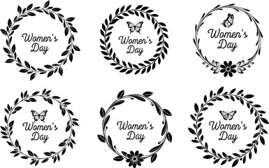 Vector Illustration of Women's Day floral wreath badges with butterflies and flowers