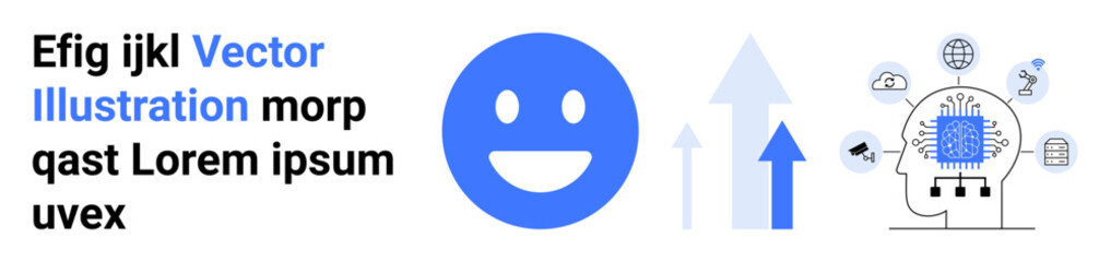 Fototapeta premium Growth, technology, innovation, digital transformation, artificial intelligence, data trends. Smiling face with arrows, AI brain and icons. Growth and technology visualization concepts