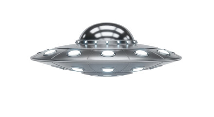 Shiny silver UFO PNG isolated on transparent background, flying saucer spaceship with lights for science fiction and space exploration concepts © Maria