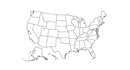 Obraz premium Outline map of the United States, accurately depicting state borders with thin black lines against a transparent background and copy space, a clean vector graphic for educational purposes. Concept of