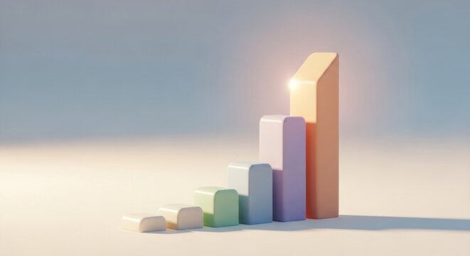 Rising pastel bar chart with a bright highlight, representing upward trends