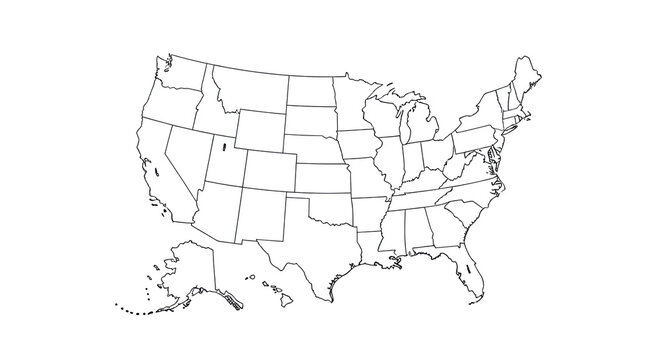 Outline map of the United States, accurately depicting state borders with thin black lines against a transparent background and copy space, a clean vector graphic for educational purposes. Concept of