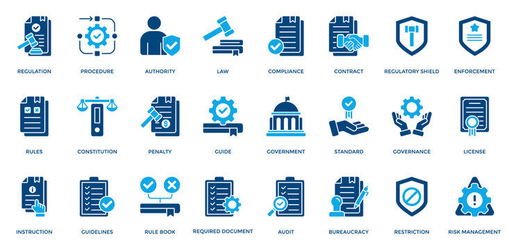 Regulation Icon Set. Containing Procedure, Authority, Law, Compliance, Rules, Constitution Icons. Dual Tone Style