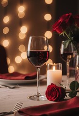 Elegant romantic dinner table setting with wine glass, red rose, candle and warm bokeh lights for Valentine's Day celebration or anniversary date