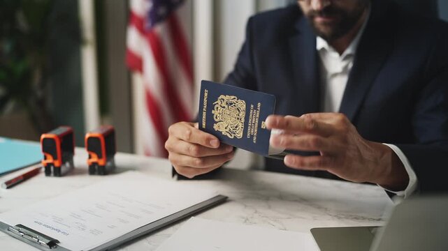 American embassy employee approving visa and returning British passport to man