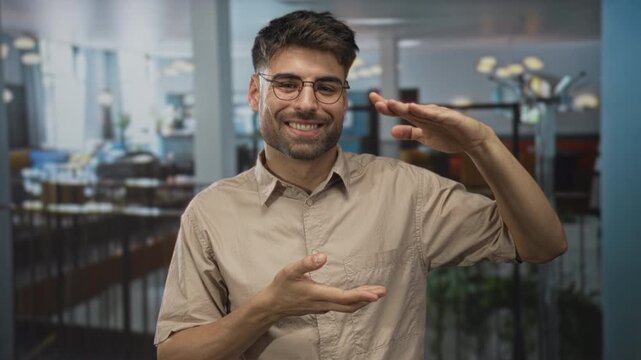 Man wearing beige shirt and glasses holds hands apart framing space in building; presentation confidence.